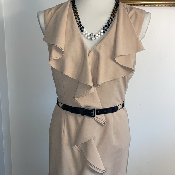 Anthropologie Calvin Klein Tan Ruffle Front Sleeveless Midi Dress.   Size 10. - Picture 2 of 13